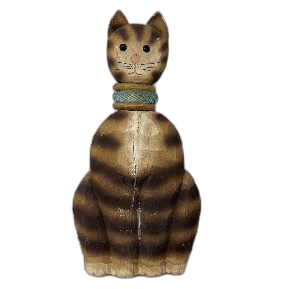 James Haddon 12” Hand Carved Wood Cat Folk Art Painted Great Condition! Signed